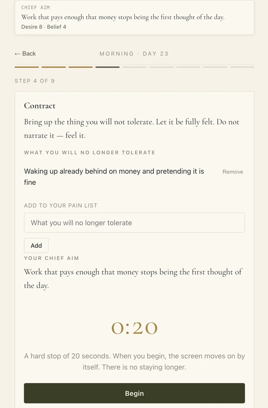The contraction screen: your list of what you will no longer tolerate, your chief aim, and a twenty-second timer.