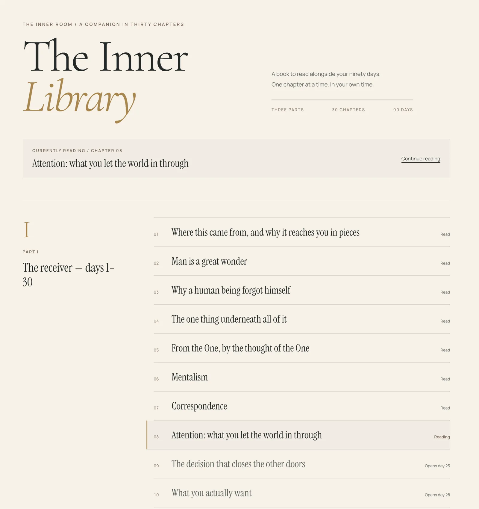 The Inner Library: the table of contents, with chapters read, the current one, and the days the next ones open.