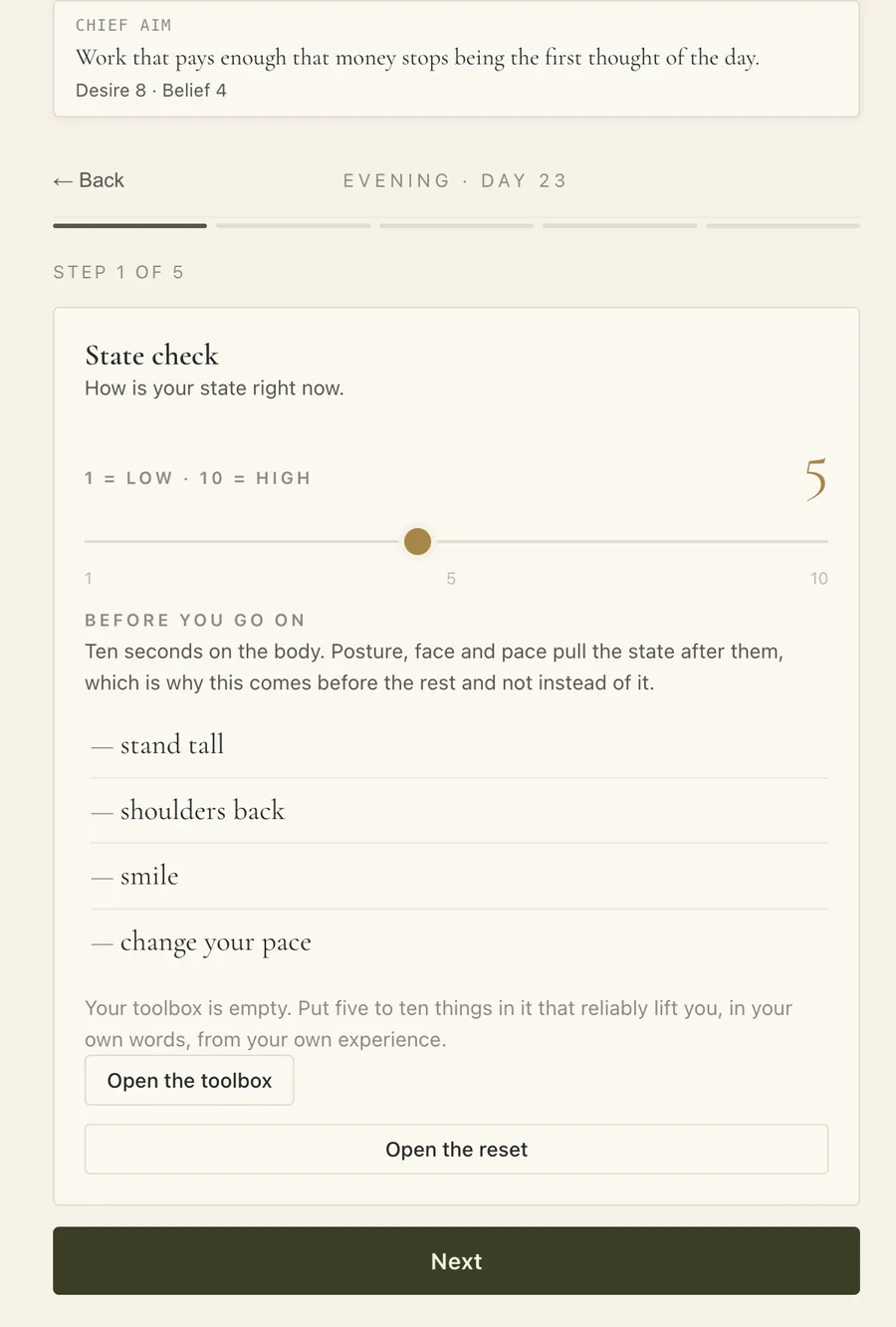 Evening state check, day 23: a slider from one to ten, then four lines on posture before anything else.