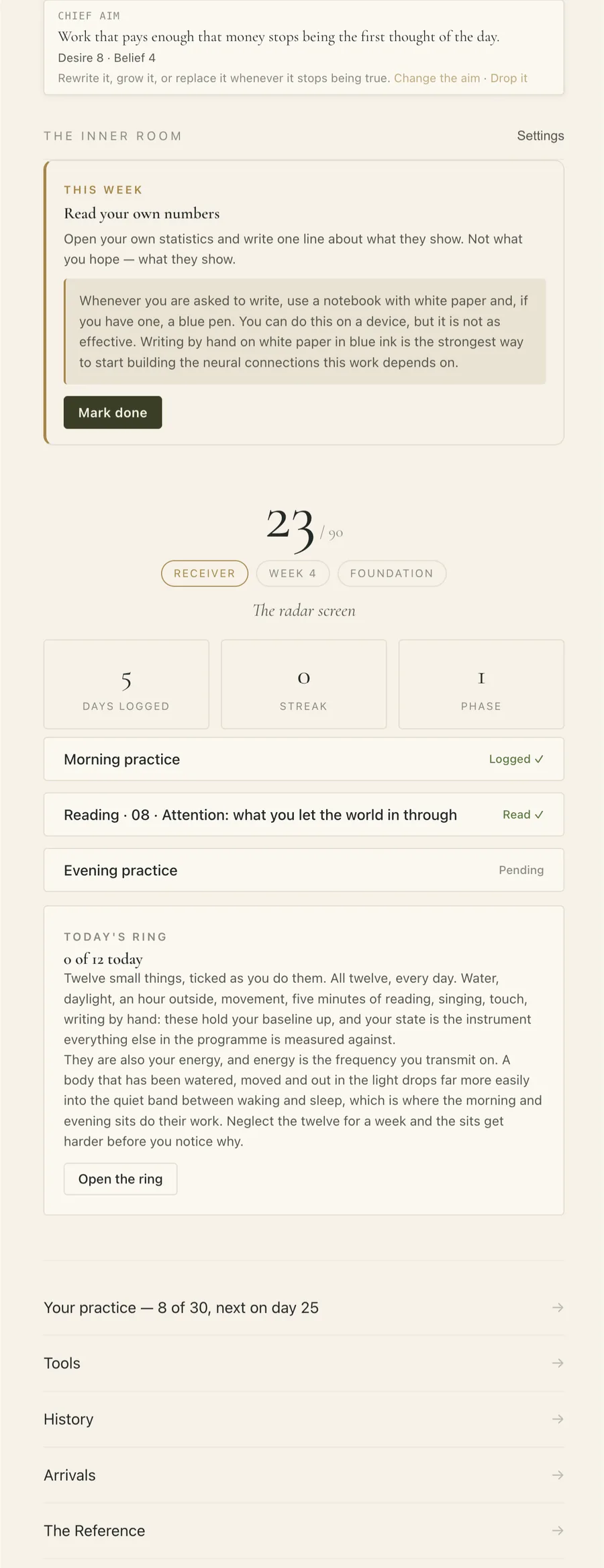 The home screen on day 23: this week's assignment, the morning logged, today's chapter read, the evening pending, and the ring.
